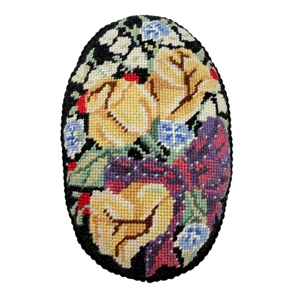 Floral Needlepoint Oval pillow handmade Black flowers grandmacore 5.5"